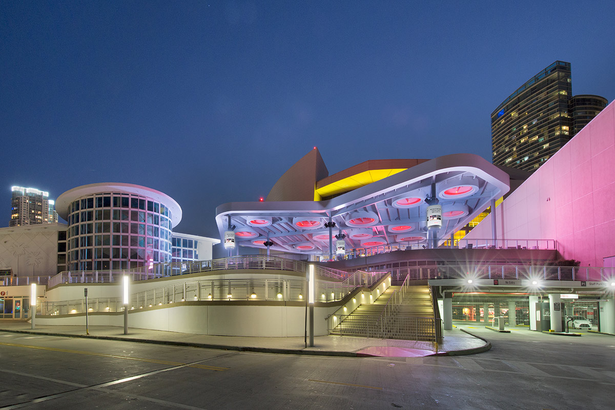 Architectural dusk view of the of the FTX Arena terrace in Miami, FL.